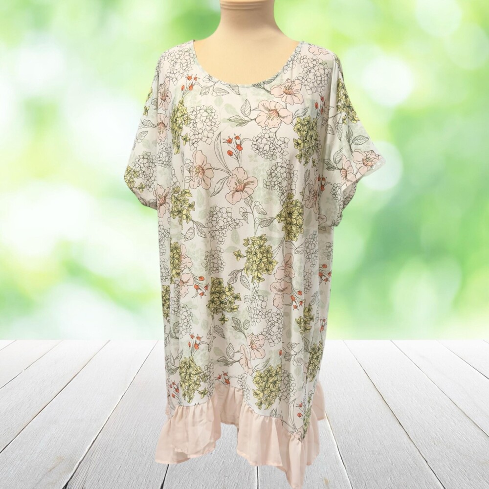 Boho Floral Tunic Top Chiffon Ruffle Romantic Cottagecore Pink Green Plus 18/20W
